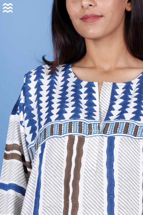 Rayon Indigo Blue Pleat Top In Block Print