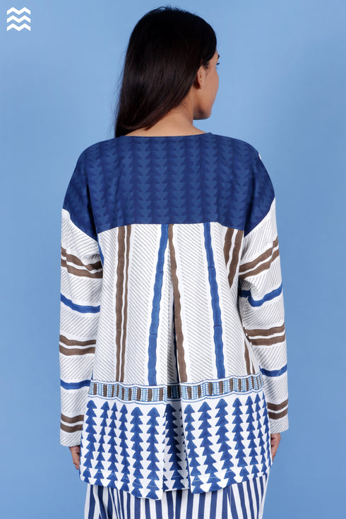 Rayon Indigo Blue Pleat Top In Block Print