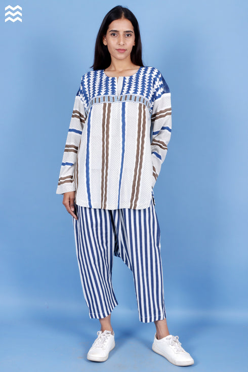 Rayon Indigo Blue Pleat Top In Block Print