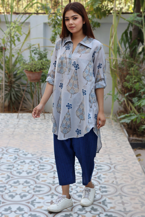 Mulmul Cotton Dove Grey Printed Top