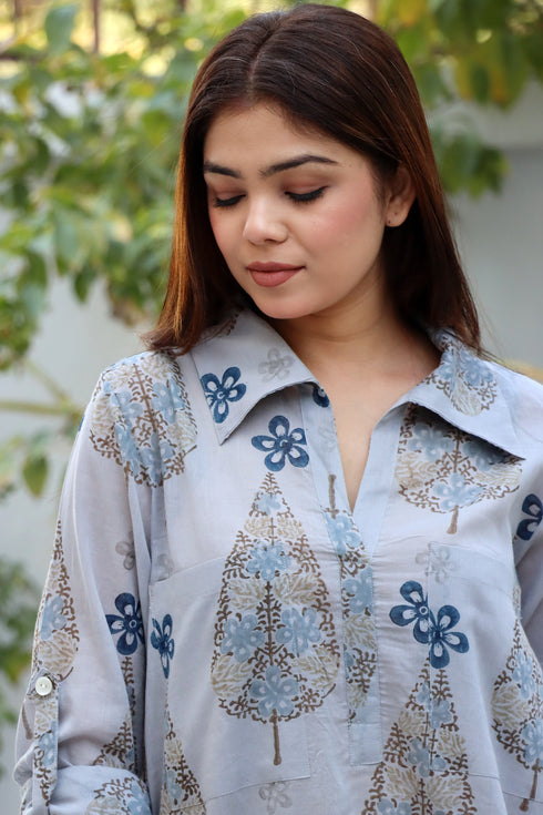 Mulmul Cotton Dove Grey Printed Top