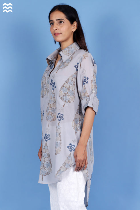 Mulmul Cotton Dove Grey Printed Top