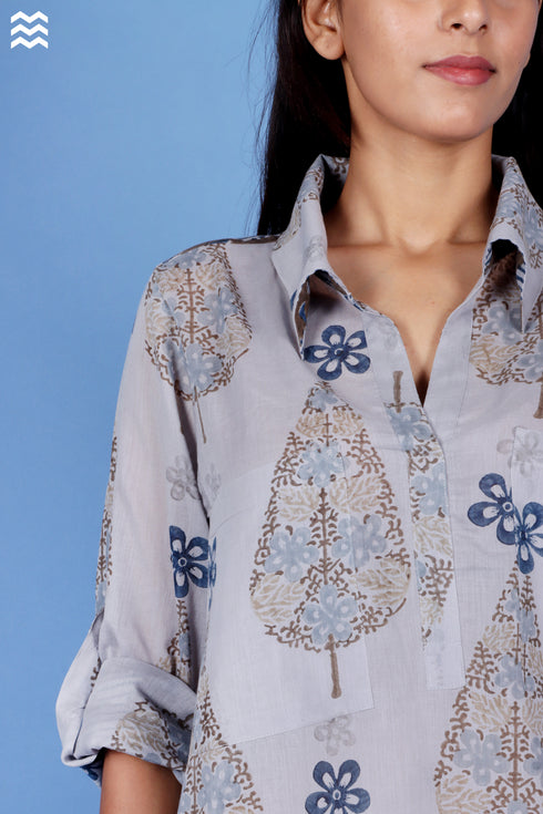 Mulmul Cotton Dove Grey Printed Top