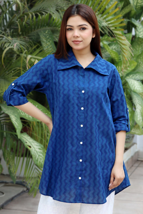 Cambric Cotton Indigo Blue Boyfriend Shirt In Block Print