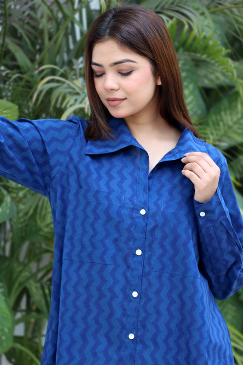Cambric Cotton Indigo Blue Boyfriend Shirt In Block Print