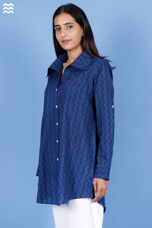 Cambric Cotton Indigo Blue Boyfriend Shirt In Block Print