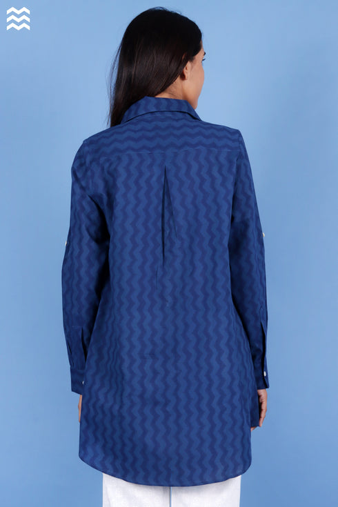 Cambric Cotton Indigo Blue Boyfriend Shirt In Block Print