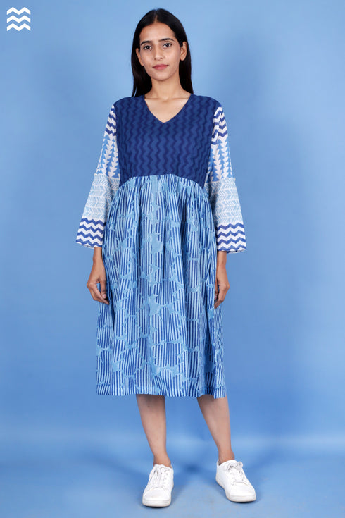 Mulmul Cotton Navy Blue Baby Doll Dress In Block Print