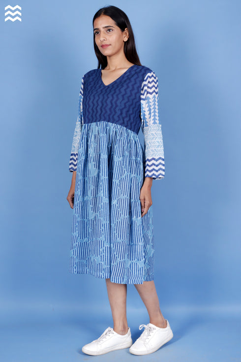 Mulmul Cotton Navy Blue Baby Doll Dress In Block Print