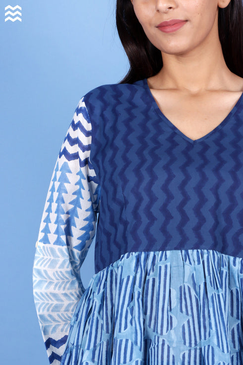 Mulmul Cotton Navy Blue Baby Doll Dress In Block Print