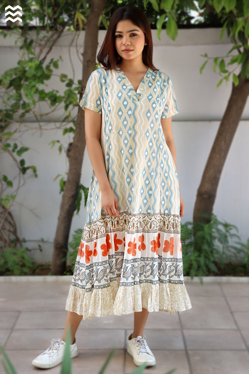 100% MulMul Cotton Beige Blue Printed MIRANDA Dress In Block