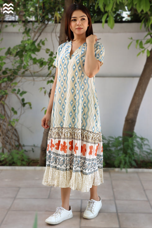 100% MulMul Cotton Beige Blue Printed MIRANDA Dress In Block