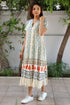 100% MulMul Cotton Beige Blue Printed MIRANDA Dress In Block
