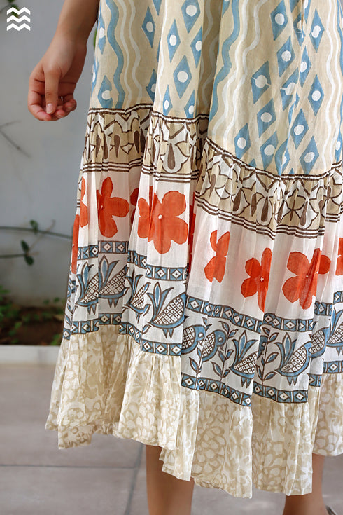 100% MulMul Cotton Beige Blue Printed MIRANDA Dress In Block