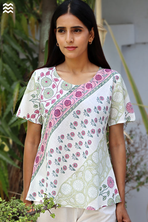 100% Cotton Slub Ivory Floral Top