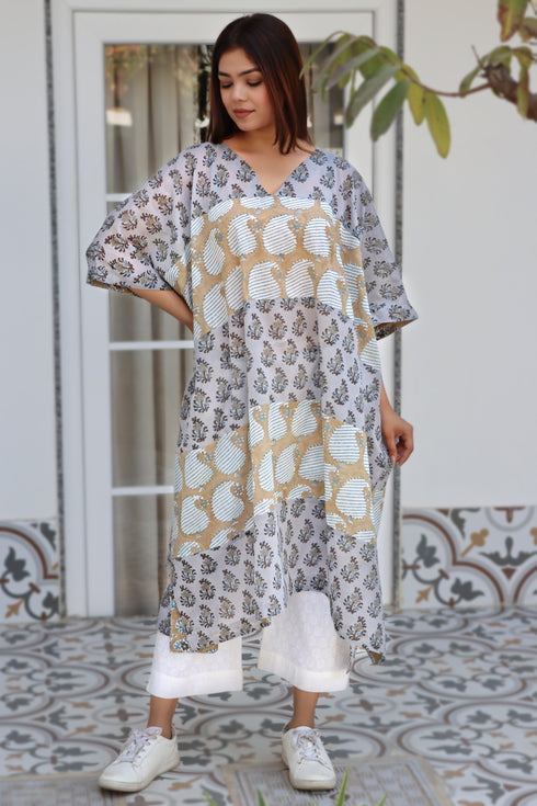 Mulmul Cotton Dove Grey Printed Caftan