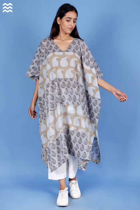 Mulmul Cotton Dove Grey Printed Caftan