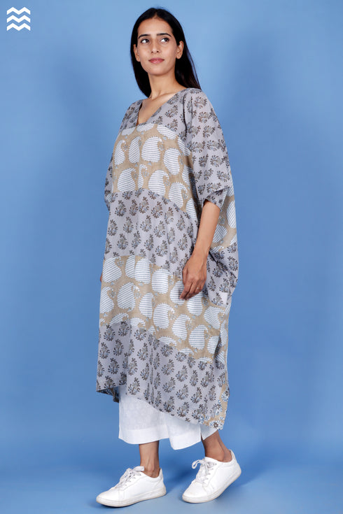 Mulmul Cotton Dove Grey Printed Caftan