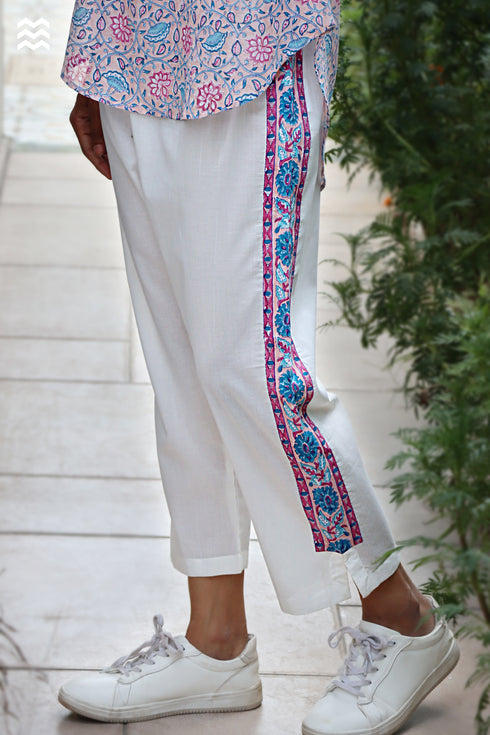 Cambric Cotton White Rose Pant in Block Print