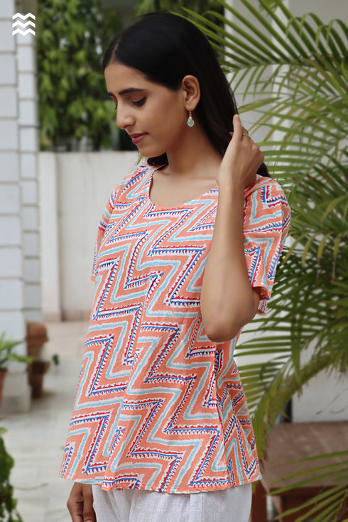 Cambric Cotton Short Top in Block Print