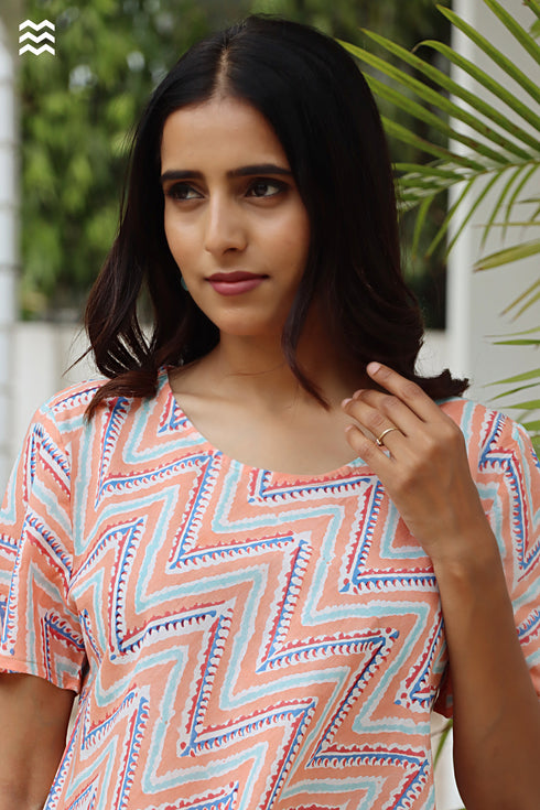 Cambric Cotton Short Top in Block Print