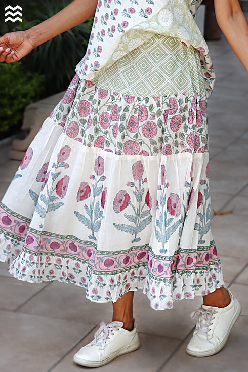 100% Mul Mul Cotton Off White Floral Skirt
