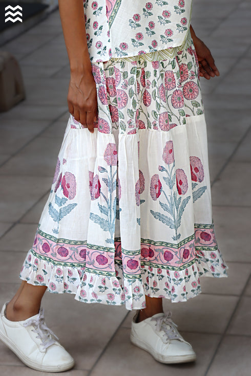 100% Mul Mul Cotton Off White Floral Skirt