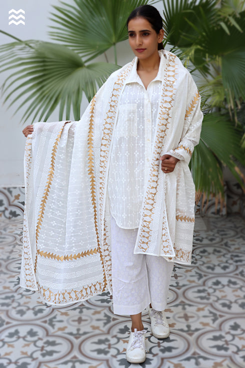 MulMul Cotton Off-White Block Printed Momo Wrap