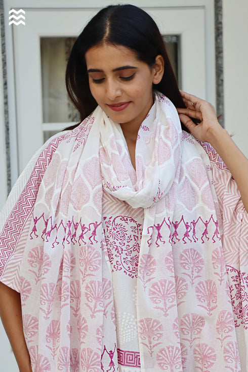 Mul Mul Cotton Off-White Block Printed Momo Wrap