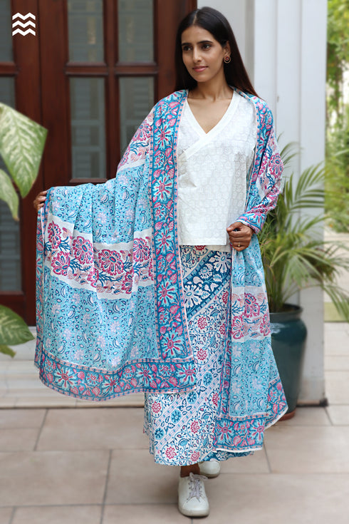 MulMul Cotton Aqua Blue Momo Wrap in Block Print