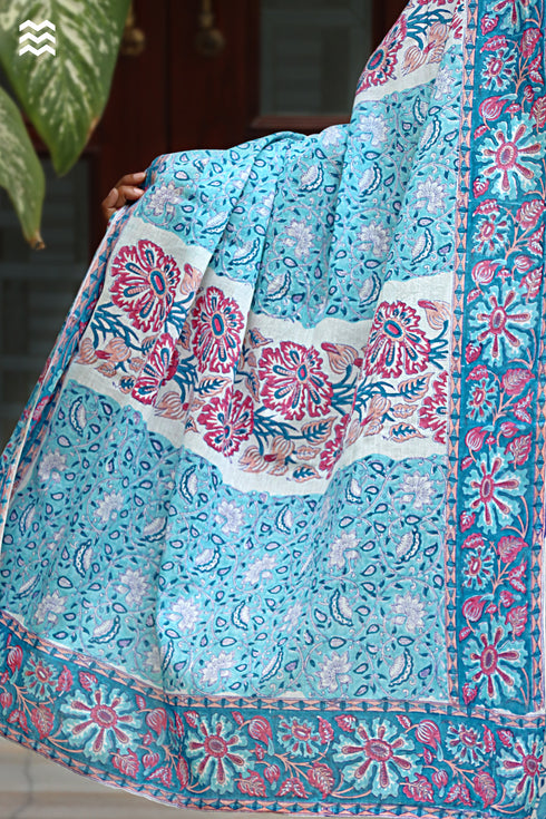 MulMul Cotton Aqua Blue Momo Wrap in Block Print