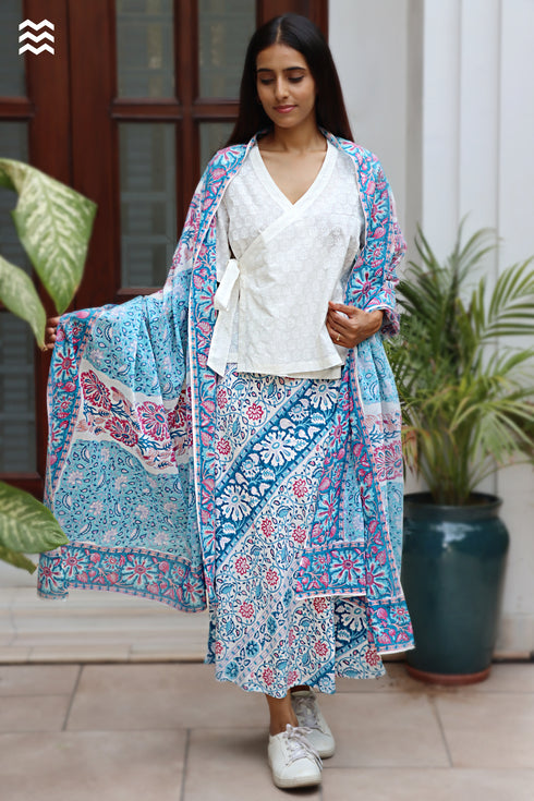 MulMul Cotton Aqua Blue Momo Wrap in Block Print
