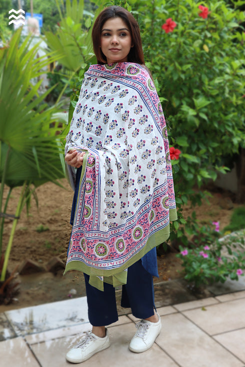 Mulmul Cotton Momo Wrap In Floral Block Print