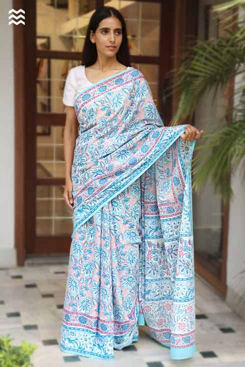 MulMul Cotton TurquoiseSaree in Block Print