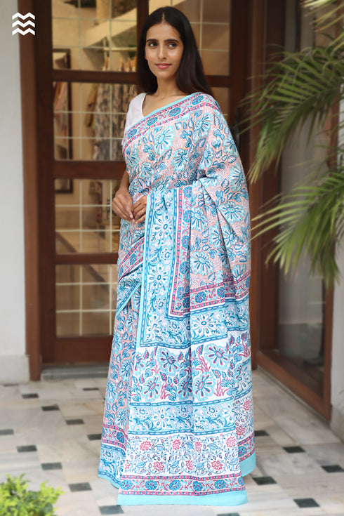 MulMul Cotton TurquoiseSaree in Block Print