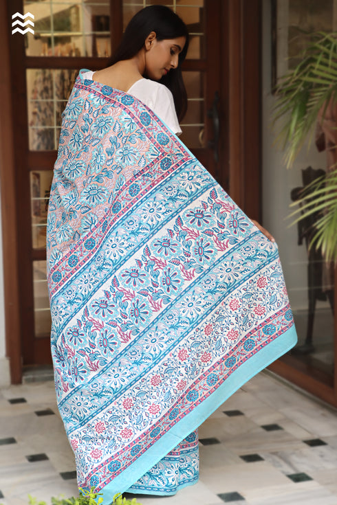 MulMul Cotton TurquoiseSaree in Block Print