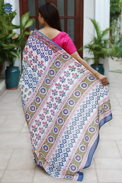 MulMul Cotton Saree in Block Print
