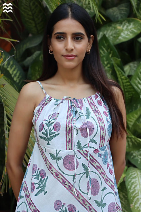 100% Cotton Slub Cotton Ivory Block Print Dress
