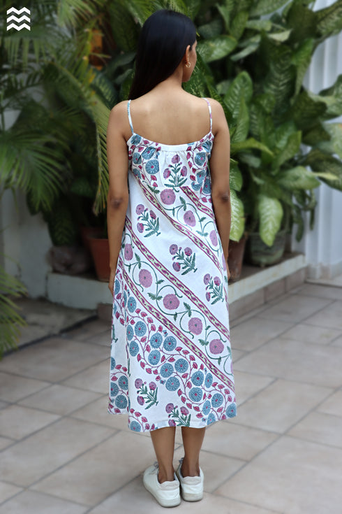 100% Cotton Slub Cotton Ivory Block Print Dress