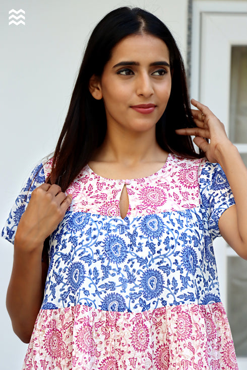 Mul Mul Cotton Pink Blue Tiered Midi Dress