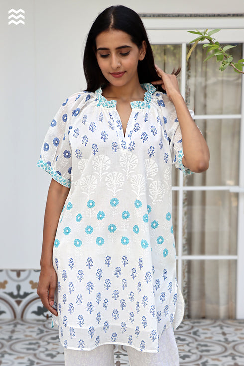 Mulmul Cotton Off White Printed Short Top