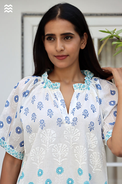Mulmul Cotton Off White Printed Short Top