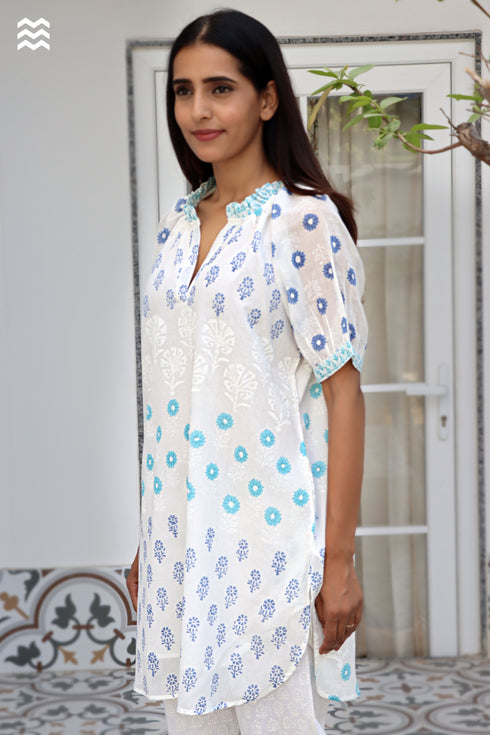 Mulmul Cotton Off White Printed Short Top
