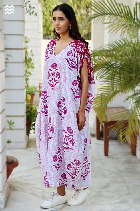 Mul Mul Cotton Long Dress in Block Print