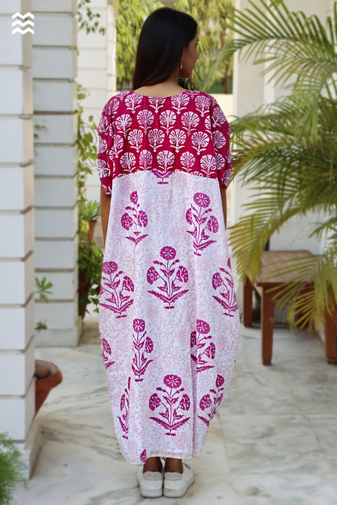 Mul Mul Cotton Long Dress in Block Print