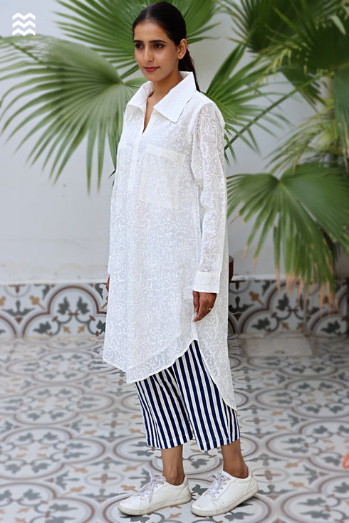 MulMul Cotton Long Boyfriend Shirt in Block Print