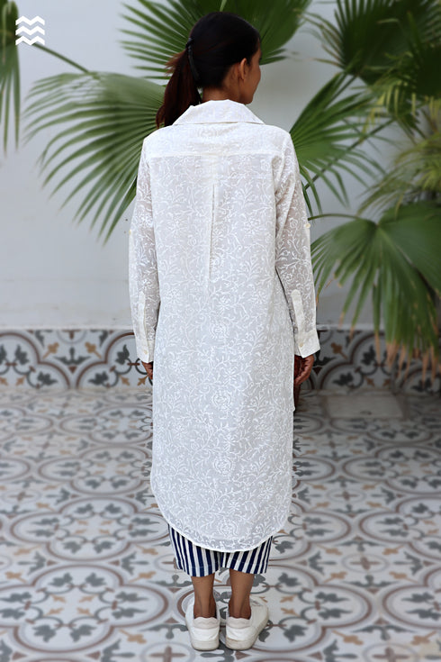 MulMul Cotton Long Boyfriend Shirt in Block Print