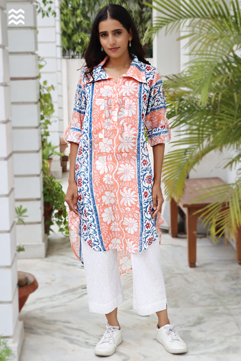Mul Mul Cotton Long Boyfriend Shirt in Block Print