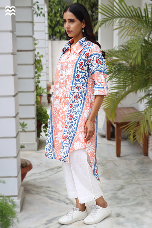 Mul Mul Cotton Long Boyfriend Shirt in Block Print