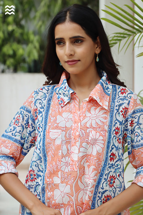 Mul Mul Cotton Long Boyfriend Shirt in Block Print
